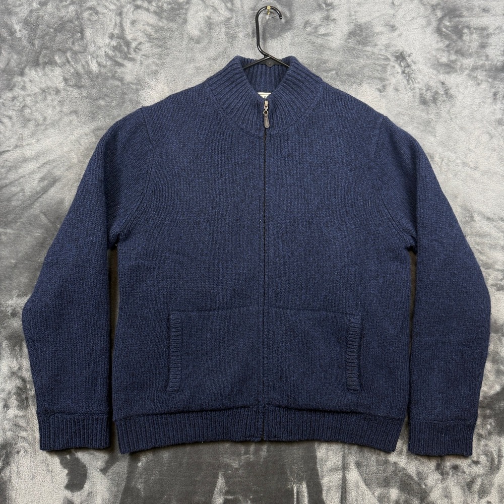L.L. Bean Full Zip Sweater Mens Large Blue Lambswool Plaid Lined Cardigan 500921